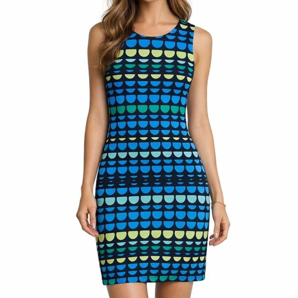 Vince Camuto Medium‎ M Black Blue Green Geo Dot Stretch Jersey Knit Shift Dress